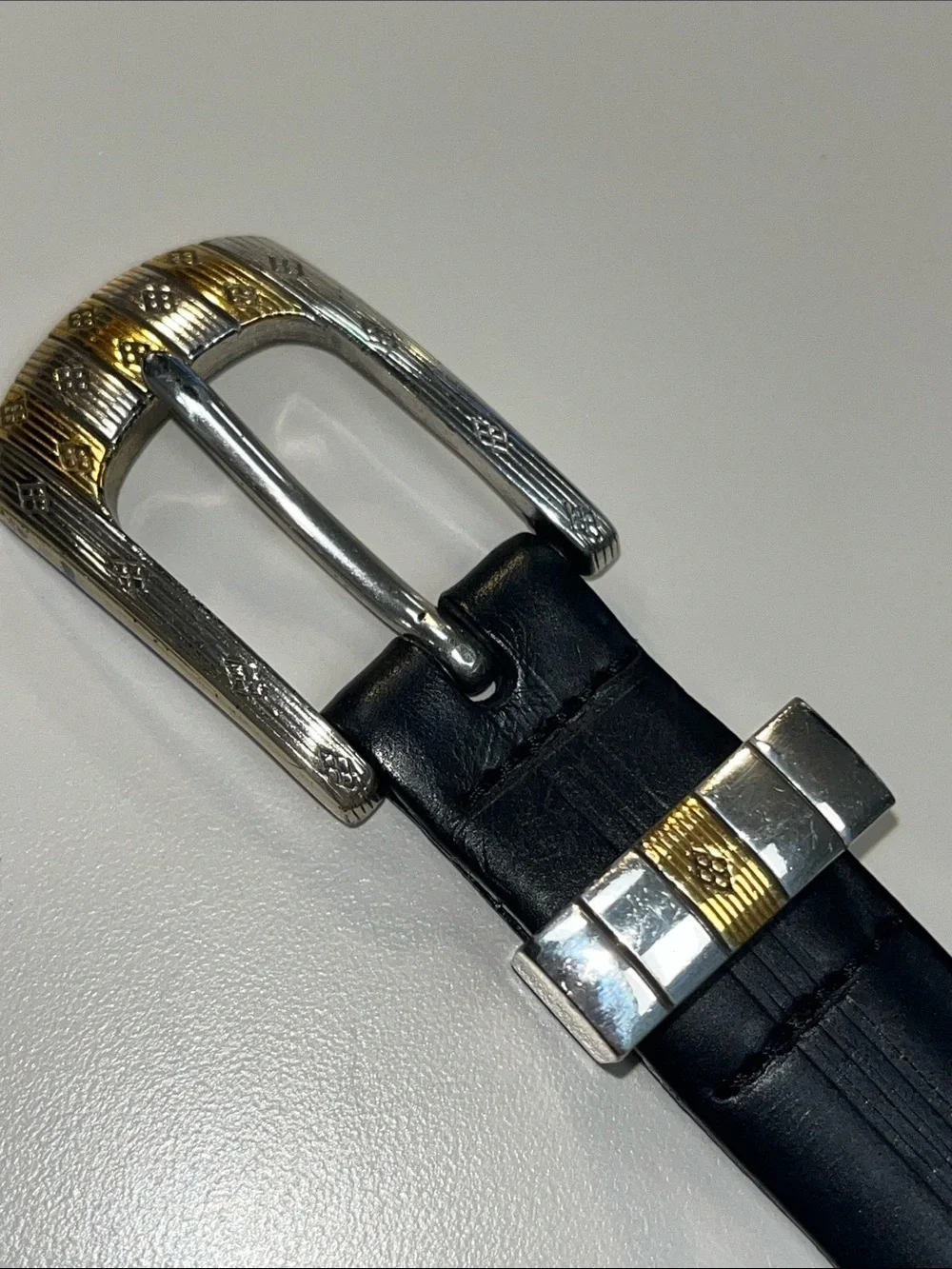 Bill Adler Studio Black Leather Belt with Two-Tone Silver & Gold Buckle 42”